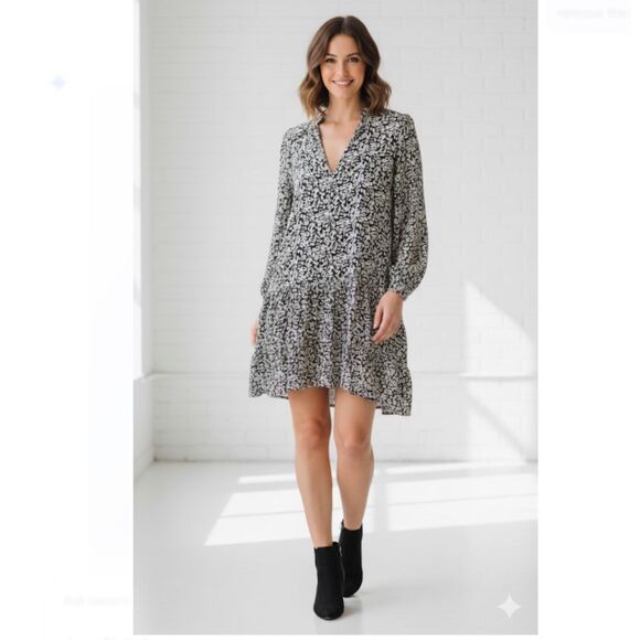 Zara Mini Dress Black White Print Ruffled Balloon Sleeves Womens Size XL - Picture 1 of 8